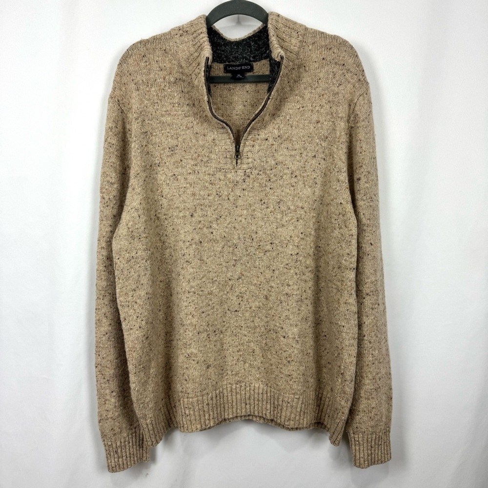 Lands' End Men’s XL Lambs Wool Blend Quarter Zip Sweater Casual Marled Tan NEW